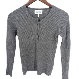 Ganni Grey 100% Cashmere Ribbed Henley Long Sleeve Sweater XS Soft Luxury